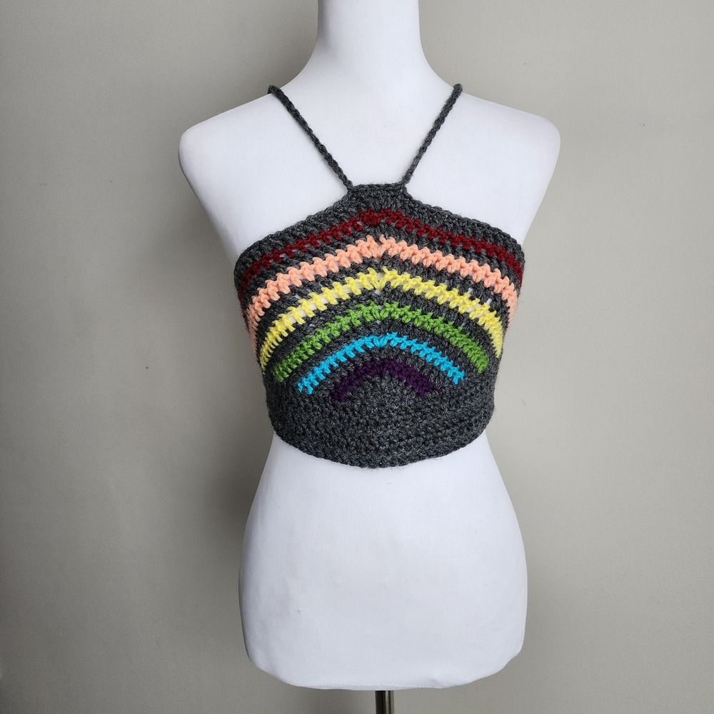 Crochet Halter Top‎ Womens Medium Rainbow Festival Hippie Bikini Tank Handmade